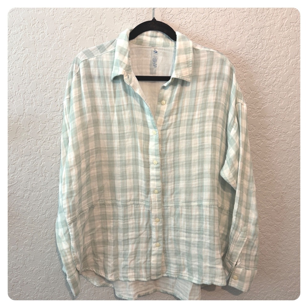 Lou & Grey Plaid Gingham Cotton‎ Gauze Button Down Shirt Size M Mint Green Beach